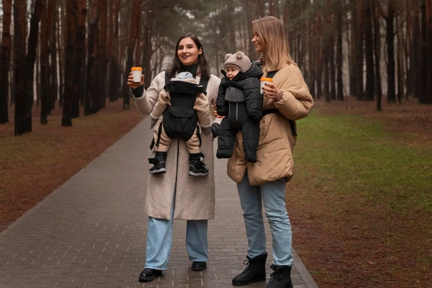 Full-length shot of women holding babies in carriers.